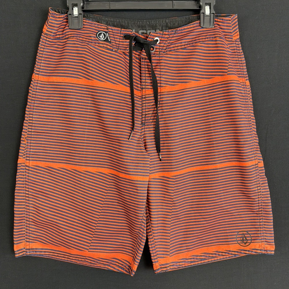 Volcom Board Shorts Men 30 Orange & Black Stripe Swim Trunk Drawstring Quick Dry